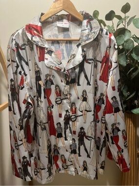 Taylor Swift White Satin Button-Up Top with Red & Black Print